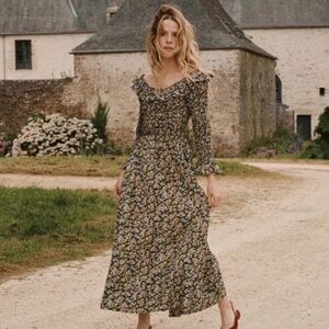 NWT Doen Rosenda Cotton Ruffle Smocked Long Sleeve Maxi Dress Blossom Breeze